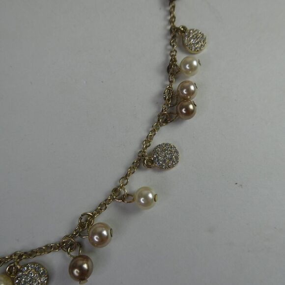 Chaps Gold Tone Dangle Faux Pearl Neutral Rhinestone Charm Necklace Movement - Picture 5 of 8